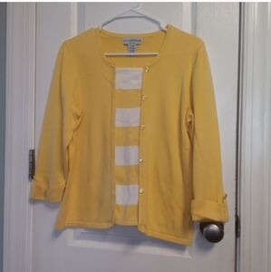 Sag Harbor Women's L Yellow Blouse W Cardigan Attached White Stripes EUC Career